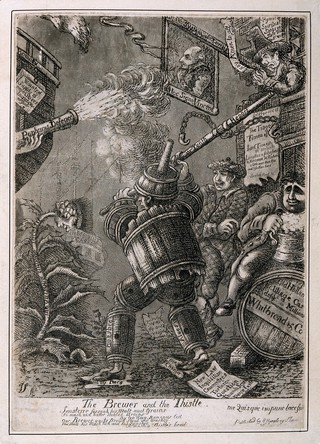 A figure composed of barrels batters the drooping head of a thistle; representing the forced resignation of Lord Melville following implications of malversation and the vote on Whitbread's motion. Aquatint by J. Sayer, 1805.