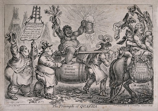 A triumphant negress sits on a barrel labelled "true quassia free from taxation" and is carried aloft by two smug brewers; satirizing the outcry against a tax on private brewing. Etching by J. Gillray, 1806, after himself.