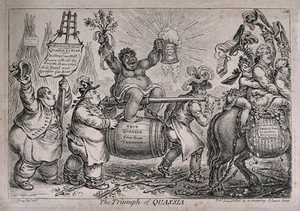 view A triumphant American slave woman representing quassia (ingredient in acoholic drinks) is carried aloft by two brewers; representing the outcry against a tax on private brewing (?). Etching by J. Gillray, 1806.