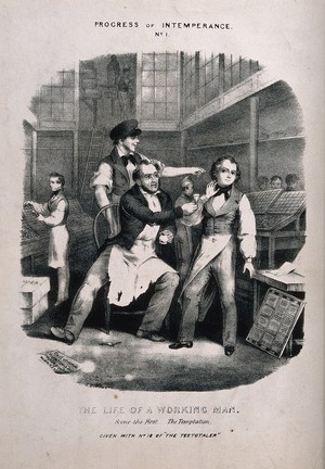 view A young employee is tempted by a drink offered by his fellow workers. Lithograph, c. 1840, after T. Wilson.