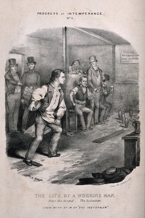 An employee is caught neglecting his work as he drinks and plays skittles. Lithograph, c. 1840, after T. Wilson.