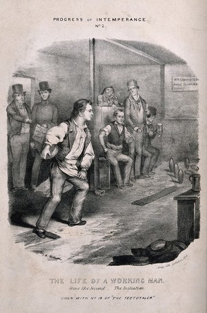view An employee is caught neglecting his work as he drinks and plays skittles. Lithograph, c. 1840, after T. Wilson.