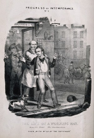 view A drunken employee is thrown out on the street by his master. Lithograph, c. 1840, after T. Wilson.