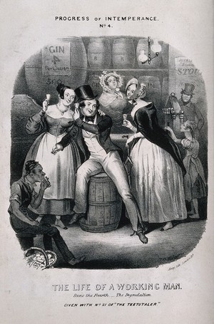 view A drunken man surrounded by women in a dingy alehouse. Lithograph, c. 1840, after T. Wilson.