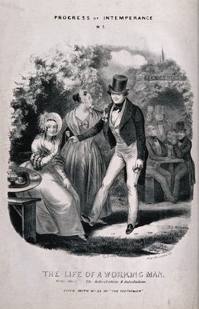 A drunken gentleman proposes to a beautiful woman at her tea table, but is rejected. Lithograph, c. 1840, after T. Wilson.