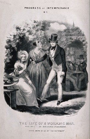 view A drunken gentleman proposes to a beautiful woman at her tea table, but is rejected. Lithograph, c. 1840, after T. Wilson.