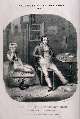 A man, ruined through drink, sits at home with his poor, starving family. Lithograph, c. 1840, after T. Wilson.