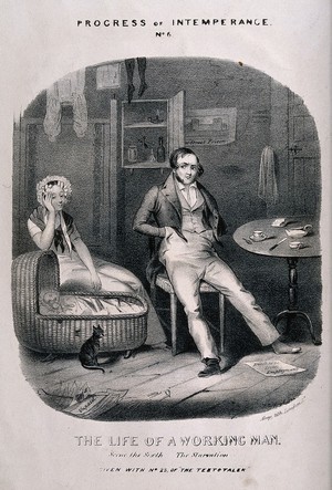 view A man, ruined through drink, sits at home with his poor, starving family. Lithograph, c. 1840, after T. Wilson.