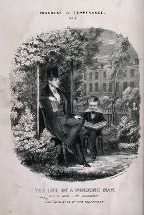 An abstinent gentleman is read to in the park by a boy. Lithograph, c. 1840, after T. Wilson.