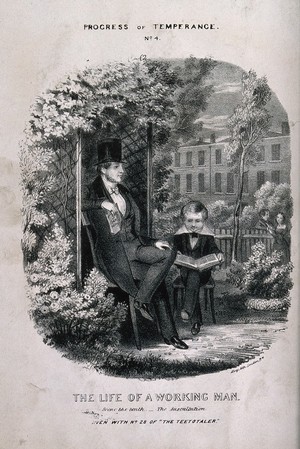 view An abstinent gentleman is read to in the park by a boy. Lithograph, c. 1840, after T. Wilson.