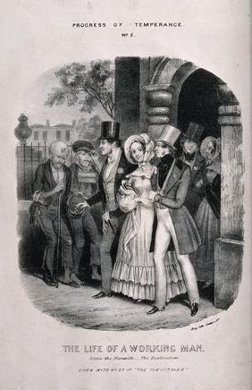 A reformed and fashionable gentleman exits from the church with his beautiful bride. Lithograph, c. 1840, after T. Wilson.