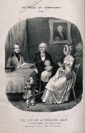 A reformed gentleman sits reading the "Teetotaler", surrounded by his wife, children and father. Lithograph, c. 1840, after T. Wilson.