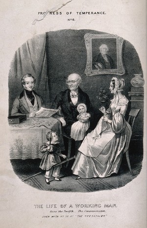 view A reformed gentleman sits reading the "Teetotaler", surrounded by his wife, children and father. Lithograph, c. 1840, after T. Wilson.