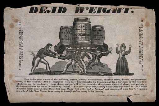 Three poor men burdened with barrels of alcohol, being freed by a man from the Temperance Society, while a woman looks on. Wood-engraving by S. Barr, c. 1840, with letterpress.