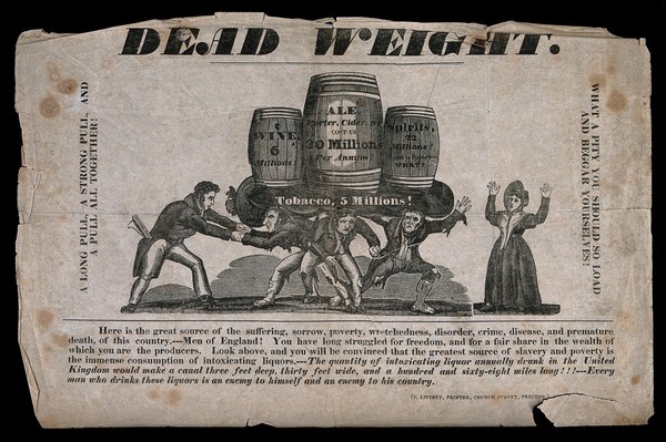 Three poor men burdened with barrels of alcohol, being freed by a man from the Temperance Society, while a woman looks on. Wood-engraving by S. Barr, c. 1840, with letterpress.