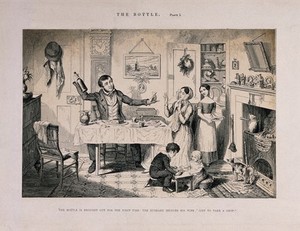 view A man sits at home with his family and offers his wife a drink. Etching by G. Cruikshank, 1847, after himself.