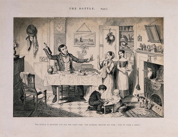 A man sits at home with his family and offers his wife a drink. Etching by G. Cruikshank, 1847, after himself.