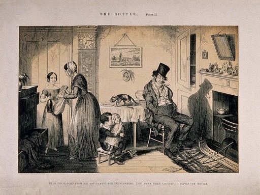 A drunken man sits at home with his family who must pawn their clothes to pay for his habit. Etching by G. Cruikshank, 1847, after himself.