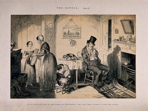 view A drunken man sits at home with his family who must pawn their clothes to pay for his habit. Etching by G. Cruikshank, 1847, after himself.