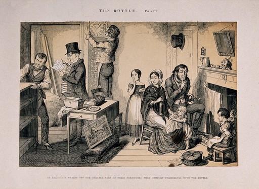 A drunken man sits at home with his family while bailiffs remove their furniture. Etching by G. Cruikshank, 1847, after himself.