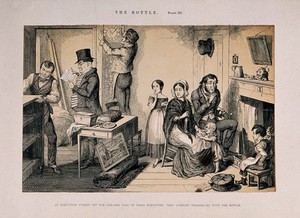 view A drunken man sits at home with his family while bailiffs remove their furniture. Etching by G. Cruikshank, 1847, after himself.