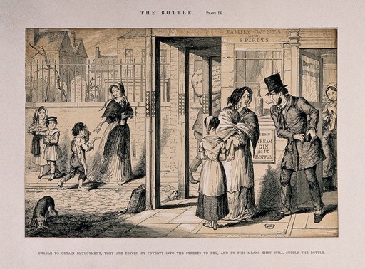 A drunken man begs in the street with his family, all ruined through his drinking habit. Etching by G. Cruikshank, 1847, after himself.