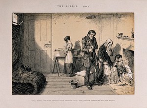 view A drunken man at home with his starving and ruined family. Etching by G. Cruikshank, 1847, after himself.