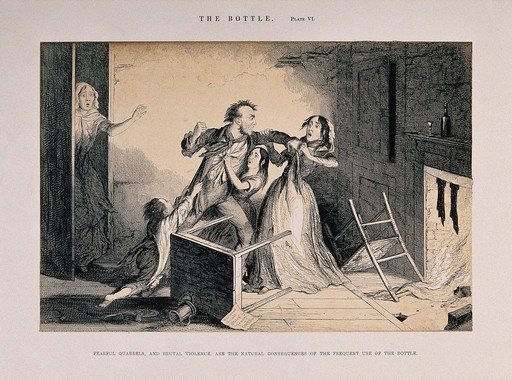A drunken man fights with his family, all ruined through his drinking habit. Etching by G. Cruikshank, 1847, after himself.