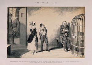 view A maniacal man is visited in prison by his children, all ruined through his drinking habit. Reproduction of an etching by G. Cruikshank, 1847, after himself.