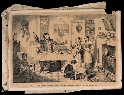 A man sits at home with his family and offers his wife a drink. Etching by G. Cruikshank, 1847, after himself.