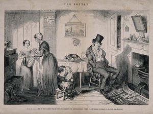 view A drunken man sits at home with his family who must sell clothes to pay for his habit. Etching by G. Cruikshank, 1847, after himself.