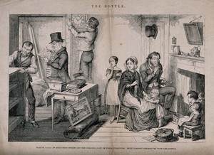 view A drunken man sits at home with his family while bailiffs remove their furniture. Etching by G. Cruikshank, 1847, after himself.