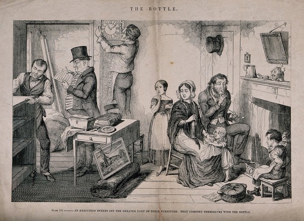 A drunken man sits at home with his family while bailiffs remove their furniture. Etching by G. Cruikshank, 1847, after himself.