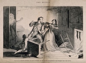 view A drunken man fights with his family, all ruined through his drinking habit. Etching by G. Cruikshank, 1847, after himself.