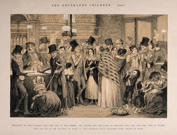 A drunken scene in a gin shop with children being given alcohol. Etching by G. Cruikshank, 1848, after himself.