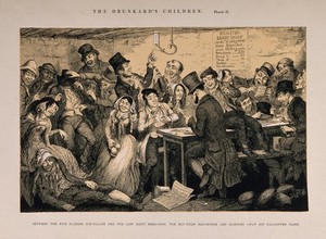 view A drunken scene in a beer shop with a young thief gambling. Etching by G. Cruikshank, 1848, after himself.