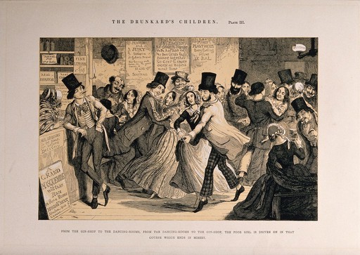 A drunken scene in a dancing hall with a sly customer eyeing a young girl. Etching by G. Cruikshank, 1848, after himself.