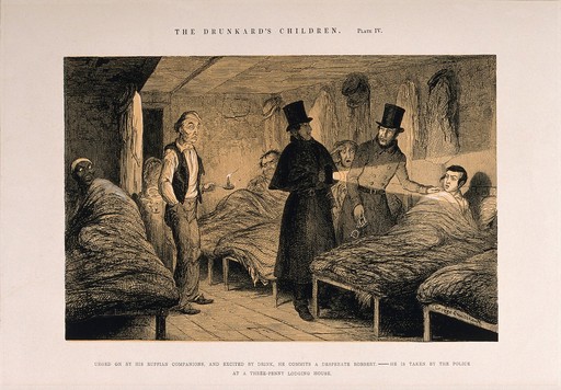 Police raid a lodging house at night and arrest a convicted thief. Etching by G. Cruikshank, 1848, after himself.