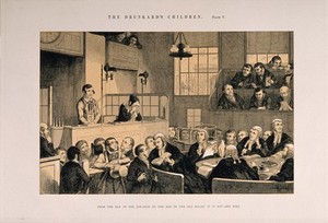 view A convicted thief stands on trial in a packed law court while his sister weeps. Etching by G. Cruikshank, 1848, after himself.