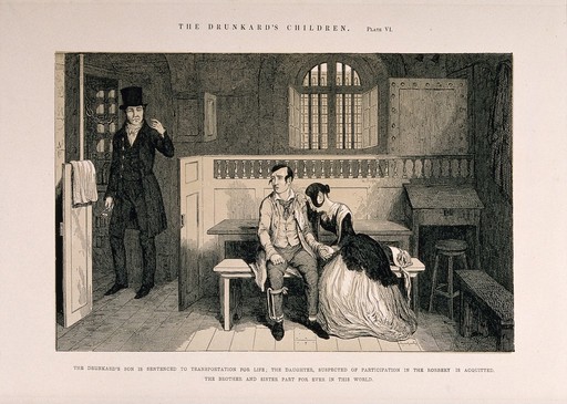 A convicted thief sits in prison with his distraught sister who has been acquitted. Etching by G. Cruikshank, 1848, after himself.
