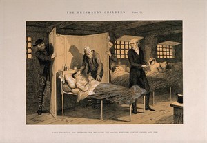 view A prisoner lies dying in his bed, his life ruined by early frivolity. Etching by G. Cruikshank, 1848, after himself.