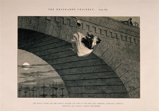 A destitute girl throws herself from a bridge, her life ruined by alcoholism. Etching by G. Cruikshank, 1848, after himself.