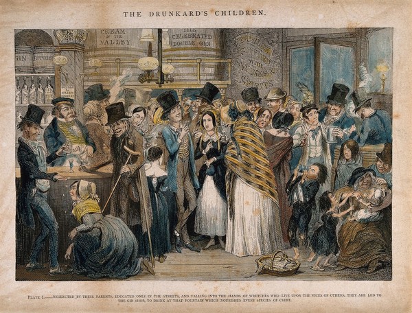 A drunken scene in a gin shop with children being given alcohol. Coloured etching by G. Cruikshank, 1848, after himself.