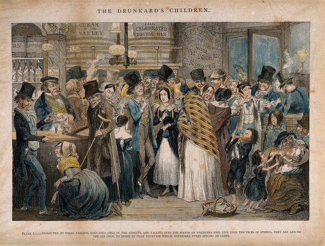 A drunken scene in a gin shop with children being given alcohol. Coloured etching by G. Cruikshank, 1848, after himself.