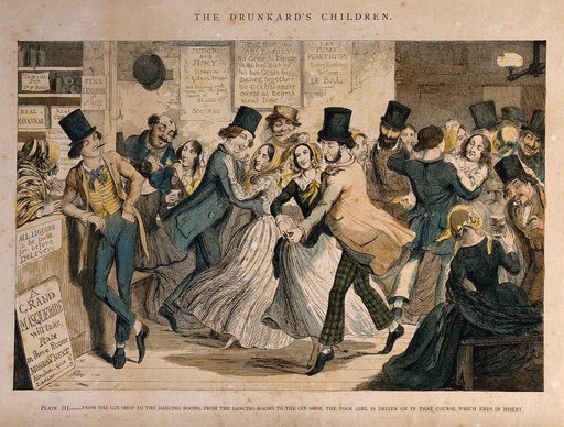 A drunken scene in a dancing hall with a sly customer eyeing a young girl. Coloured etching by G. Cruikshank, 1848, after himself.