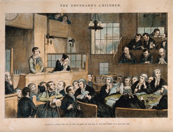 A convicted thief stands on trial in a packed law court while his sister weeps. Coloured etching by G. Cruikshank, 1848, after himself.