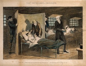 view A prisoner lies dying in his bed, his life ruined by earlier frivolity. Coloured etching by G. Cruikshank, 1848, after himself.