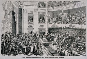 view A well attended meeting of "total abstainers" in the Sadler's Wells Theatre. Wood engraving, c. 1854, after G. Cruikshank.