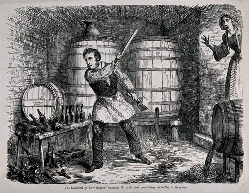 A man destroys his entire wine stock to the horror of his wife. Wood-engraving by J. Johnston, c. 1864, after G. Cruikshank.