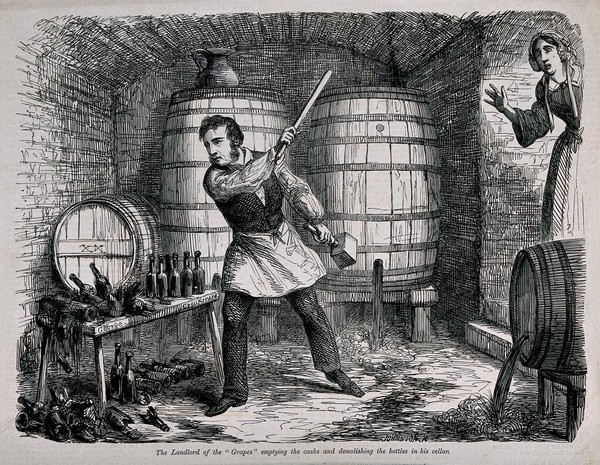 A man destroys his entire wine stock to the horror of his wife. Wood-engraving by J. Johnston, c. 1864, after G. Cruikshank.